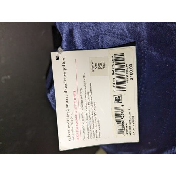 Martha Stewart Collection Velvet Square Decorative Pillow Navy European NEW - Picture 4 of 5